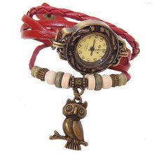 Aboulute Genuine cow leather band wrist - vintage OWL tag quartz women/men (RED)