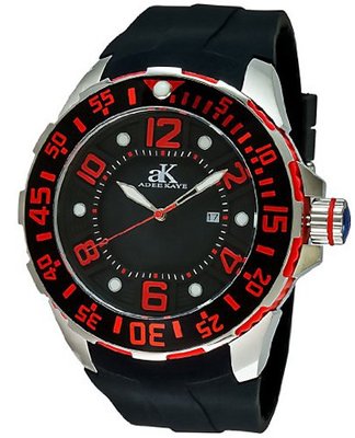 Adee Kaye #AK7117RB-BLK/RD Grand Sport Stainless Steel Resin Band Black Dial