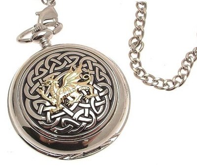 Pocket - Solid pewter fronted quartz pocket - Two Tone celtic knot with dragon design 59