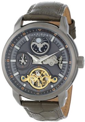 Akribos XXIV AK541GY Mechanical Dual Time Open Heart Leather Strap