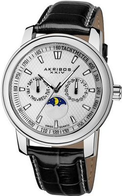 Akribos XXIV AK573SS Ultimate Swiss Quartz Moon Phase Multi-function Leather Strap