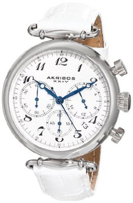 Akribos XXIV AK630SSW Retro Silver-Tone Stainless Steel White Leather Strap