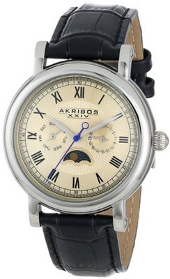 Akribos XXIV AK635SSW Retro Multifunction Silver-tone Stainless Steel Black Leather Strap