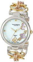 Akribos XXIV AK645TRI Lady Diamond Swiss Quartz Diamond Mother-of-Pearl Flower Rose-tone, Gold-tone, and Silver-tone Circle Link Bracelet