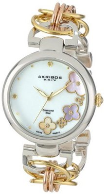 Akribos XXIV AK645TRI Lady Diamond Swiss Quartz Diamond Mother-of-Pearl Flower Rose-tone, Gold-tone, and Silver-tone Circle Link Bracelet