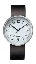 Alessi Unisex AL6003 Record Stainless-Steel and Black Leather Strap