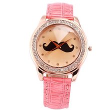 AMPM24 Lady  Bling Crystal Mustache Analog Elegant Pink Leather Quartz Wrist WAA516