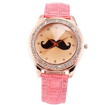 AMPM24 Lady  Bling Crystal Mustache Analog Elegant Pink Leather Quartz Wrist WAA516