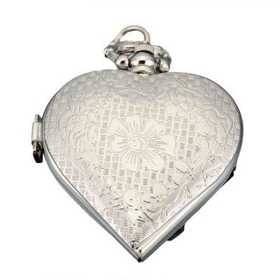 AMPM24  Lady Silver Tone Flower Heart Pendant Pocket Quartz + Chain WPK060