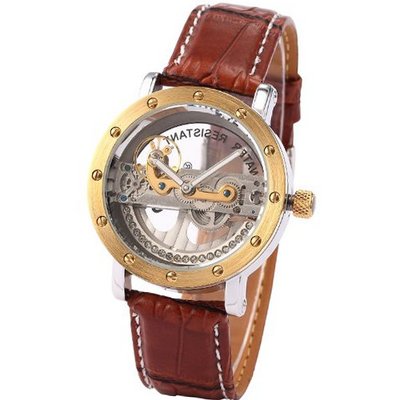 AMPM24 Luxury Analog Steampunk Brown Leather Automatic Mechanical Skeleton PMW151
