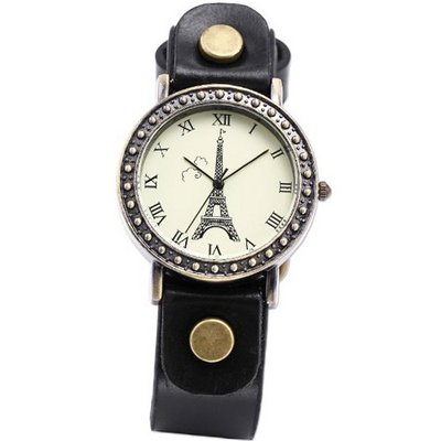 AMPM24 Vintage Bronze Case Eiffel Tower Lady Girl Genuine Black Leather Quartz Wrist WAA470