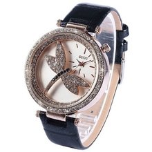 Lady Dragonfly Crystal Black Leather  Casual Party Ball Analog Quartz WK1099
