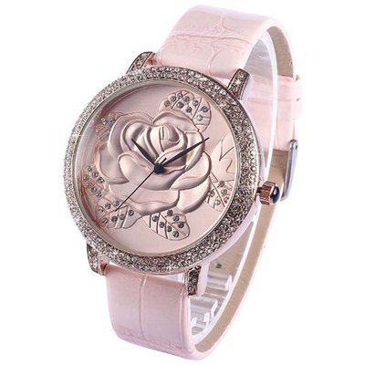 New GUOU Pink Rose Bling Crystal Lady  Genuine Leather Quartz Wrist WK1089