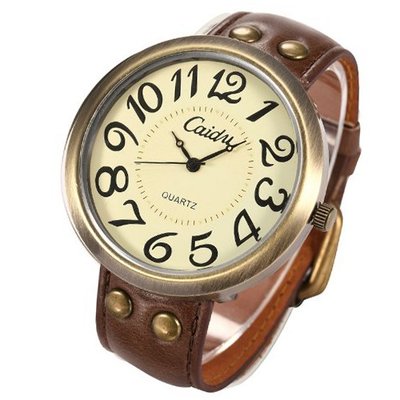 Oversized Vintage Lady  Girl Bronze Case Coffee Leather Analog Wrist Gift WAA603