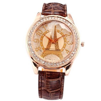 Rose Gold Case Crystal Eiffel Tower Lady Girl Coffee Leather Quartz Analog WAA496