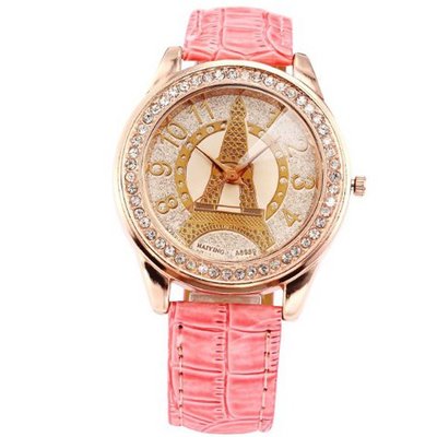 Rose Gold Case Crystal Eiffel Tower Lady  Pink Leather Quartz Analog WAA500