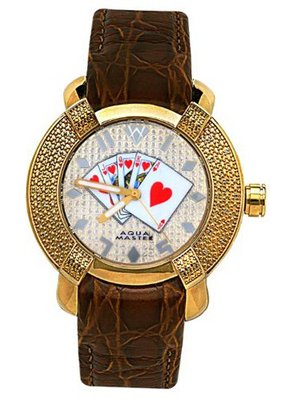 Aqua Master 96 Model Gold-PVD Bezel & Brown Leather Strap With Hearts Poker Dial, Set With 20 Diamonds W#96