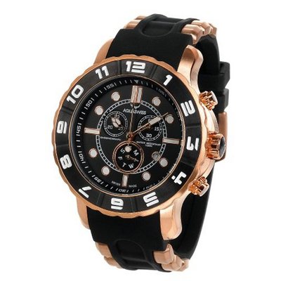 uAquaSwiss Aquaswiss 96XG017 Man's Chronograph Swiss Rugged Collection Black and White Bezel Pink Gold Tone Case Rubber Strap 