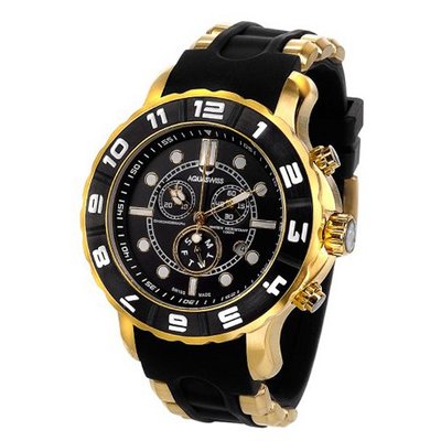 uAquaSwiss Aquaswiss 96XG025 Man's Chronograph Swiss Rugged Collection Black and White Bezel Gold Tone Case Rubber Strap with Gold Inserts 