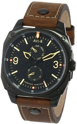 AVI-8 AV-4010-03 "Hawker Hunter" Black Ion-Plated Stainless Steel and Brown Leather Strap