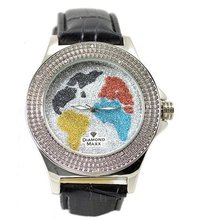 uBargain-Jewelry World Map Diamond 50mm Bezel Silver Tone Black Leather Strap 