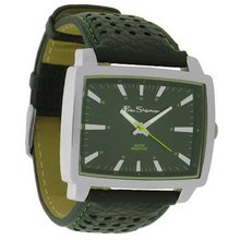 Ben Sherman Gents R935 Black Faux Leather Green Stitch Strap With Black Rectangular Dial