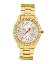 Betsey Johnson Bling Boyfriend in Gold Color metal band,Pink accents, Crystal Face Surround, es