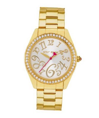 Betsey Johnson Bling Boyfriend in Gold Color metal band,Pink accents, Crystal Face Surround, es