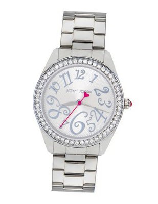 Betsey Johnson Bling Boyfriend in Silver Color metal band,Pink accents, Crystal Face Surround, es