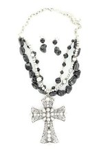 Blazin Roxx 29251 Rhinestone Cross Three Strand Jewelry Set Silver/Black