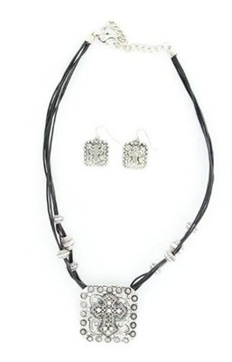 Blazin Roxx 29341 Square Cross Leather Corded Jewelry Set Black/Silver