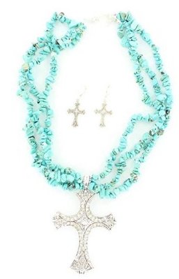 Blazin Roxx 29736 Three Strand Cross Necklace Turquoise/Silver