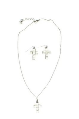 Blazin Roxx 30424 Square Crystal Cross Jewelry Set Silver