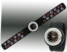 Silicone Slap Band with Peace Signs & Crystals Around Face 9 Inches