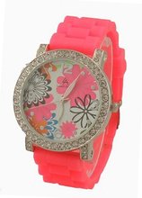 uBora Rhinestone Accent Floral Printed Hot Pink Rubber Strap 
