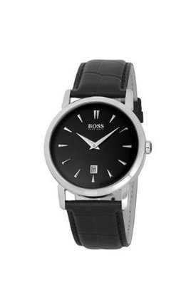 Hugo Boss Gents Stainless Steel with Black Leather Strap