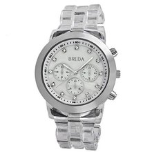 Breda 2307-Clear/Silv "Brooke" Oversized Bezel Mother-Of-Pearl Dial Rhinestone Hour Markers Plastic Band