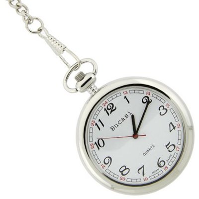 Bucasi PW1060SS Classic Pocket Silver Tone Open Face Large Easy Read Quartz with Fob