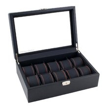 Black Carbon Fiber Pattern Box Display Storage Case with Glass Top, Orange Stitching Perforated Soft Pillows Holds 10 es - Orange Stitching