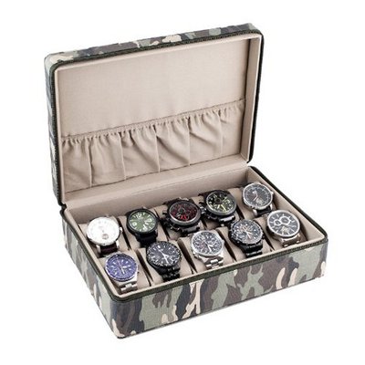 Box Display Storage Case with Camouflage Canvas Exterior Sandy Tan Interior Holds 10 es