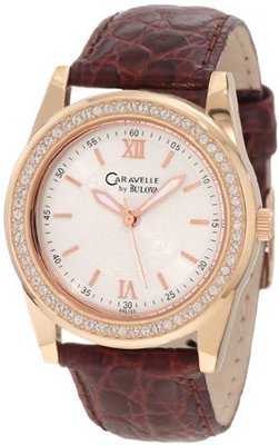 Caravelle by Bulova 44L105 Rose Gold-Tone Leather and Crystal