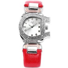 Carfenie Bling Crystal Lady  Bracelet Red Leather Band Quartz + Gift Box CFE041