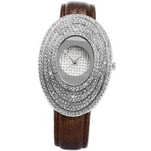 Carfenie Luxury Silver Oval Lady Coffee Leather Crystal Analog Dress Wrist CFE056