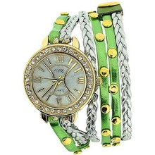 TOC Ladies Extra Long Green Metallic, Silver Plaited Stud Strap SW1097