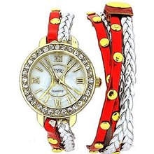 TOC Ladies Extra Long Red Metallic & Silver Plaited Stud Strap SW1097