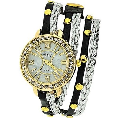 uCCQ TOC Ladies Extra Long Black Metallic, Silver Plaited Stud Strap SW1097 