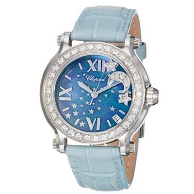 Chopard Happy Sport Round Ladies Blue Mother of Pearl Dial Moon Stars 278475-2001