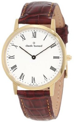 Claude Bernard 20061 37J BR Classic Gents - Slim Line Gold PVD White Dial Brown Leather