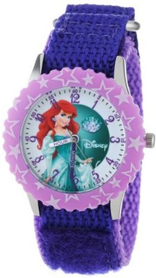 Disney Kids' W000866 Ariel Stainless Steel Time Teacher Printed Bezel Purple Nylon Strap