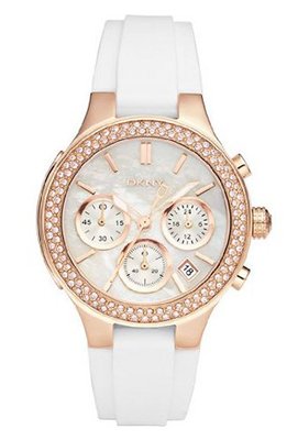 DKNY Chronograph Mother of Pearl Dial Rose Gold-tone White Rubber Strap Ladies NY8198